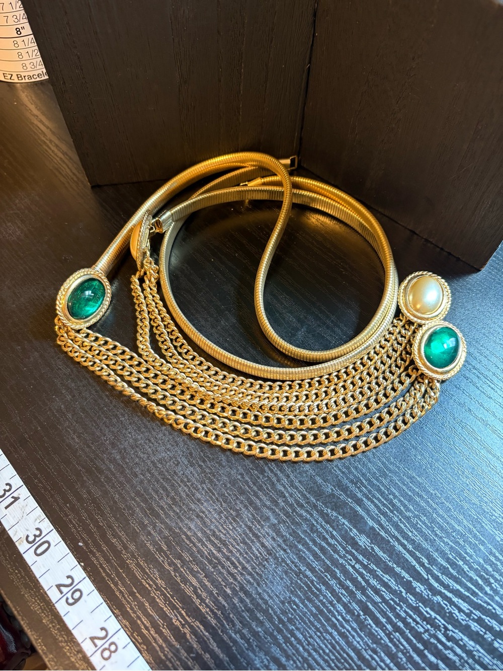 Accessocraft NYC 2 vintage gold tone stretch belts 28”-32” chain green cream